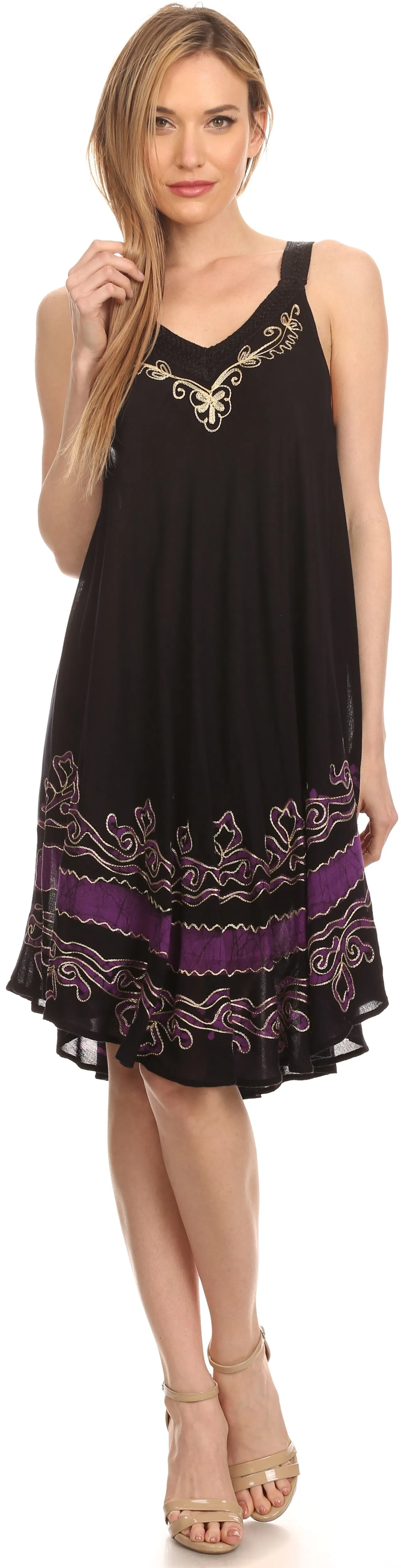 Sakkas Gasha Sleeveless Mid Length Caftan Dress With Embroidery Details And V Neck