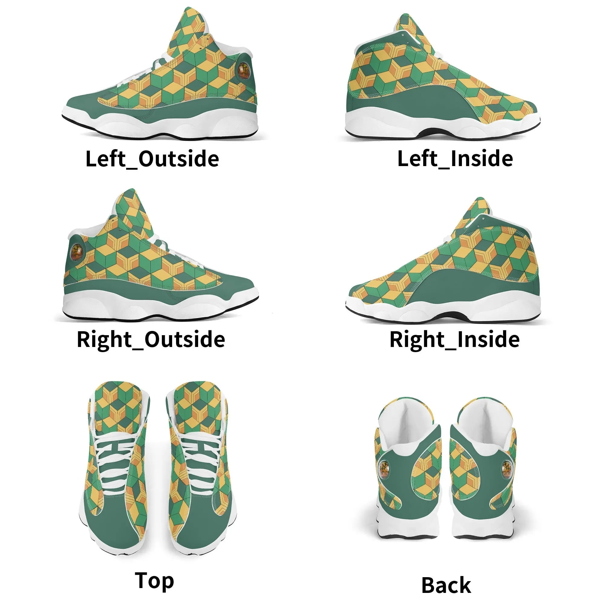 Skate shoe | High Top Sneakers | PU Vegan Leather Basketball shoes | Anime Slayer of Demon | Green Yellow Pattern