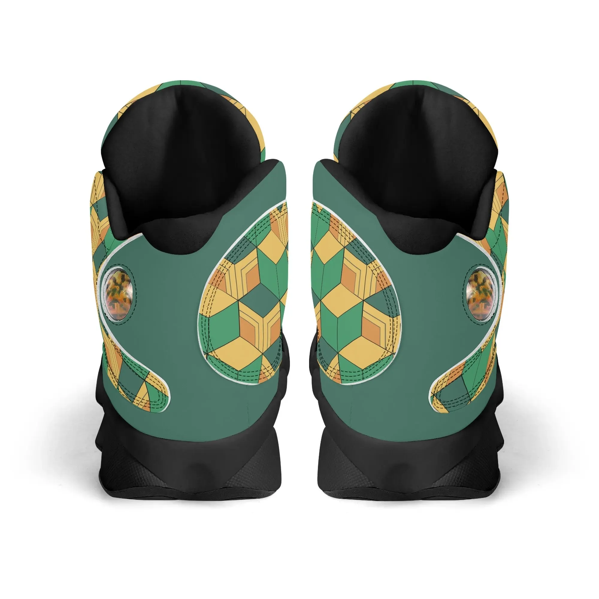 Skate shoe | High Top Sneakers | PU Vegan Leather Basketball shoes | Anime Slayer of Demon | Green Yellow Pattern