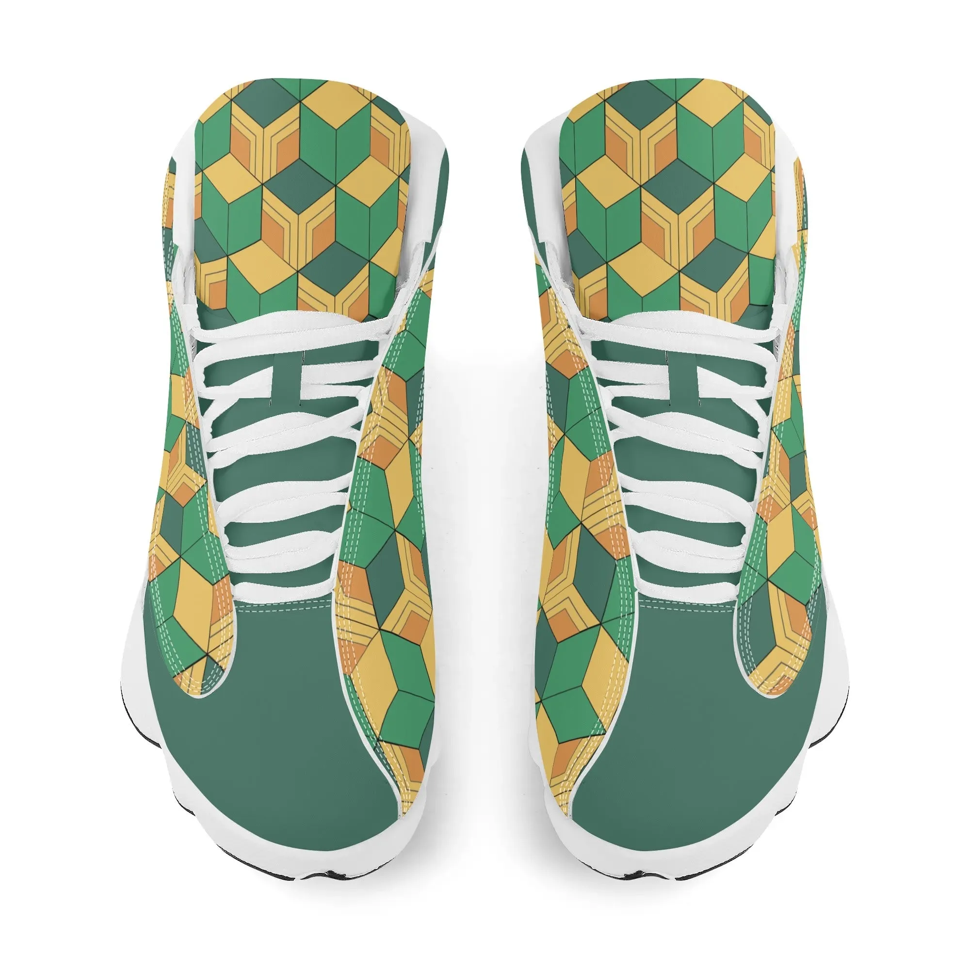 Skate shoe | High Top Sneakers | PU Vegan Leather Basketball shoes | Anime Slayer of Demon | Green Yellow Pattern