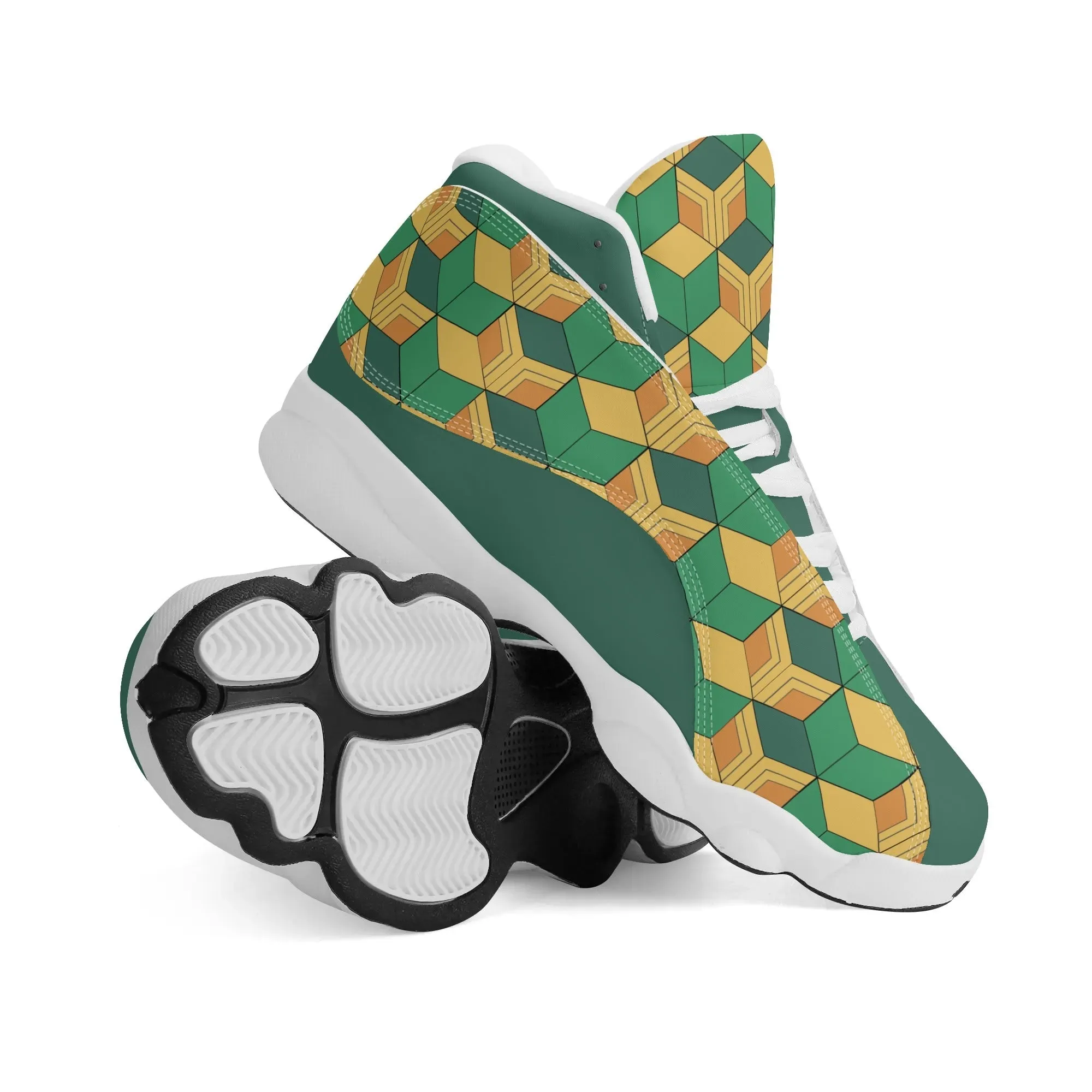 Skate shoe | High Top Sneakers | PU Vegan Leather Basketball shoes | Anime Slayer of Demon | Green Yellow Pattern