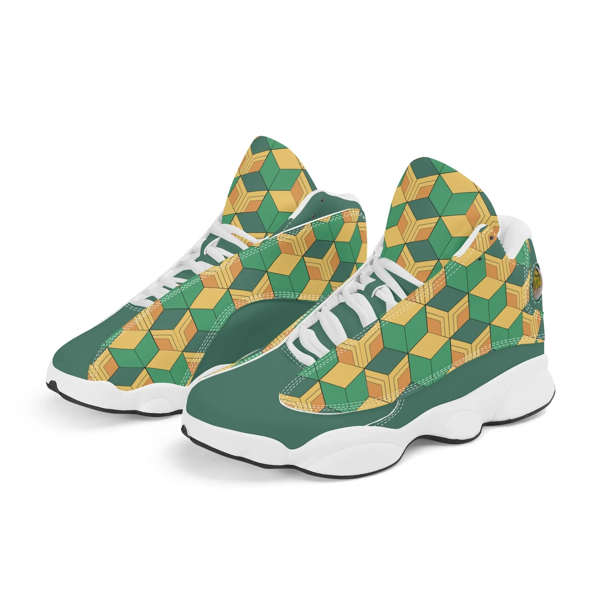 Skate shoe | High Top Sneakers | PU Vegan Leather Basketball shoes | Anime Slayer of Demon | Green Yellow Pattern