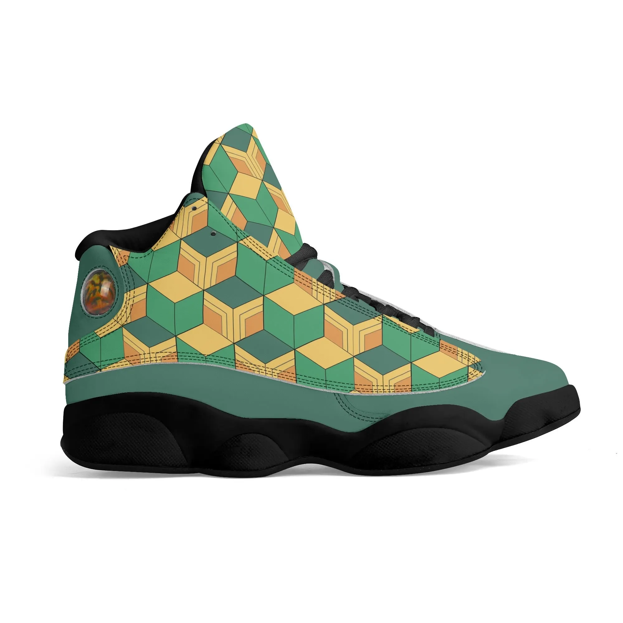 Skate shoe | High Top Sneakers | PU Vegan Leather Basketball shoes | Anime Slayer of Demon | Green Yellow Pattern