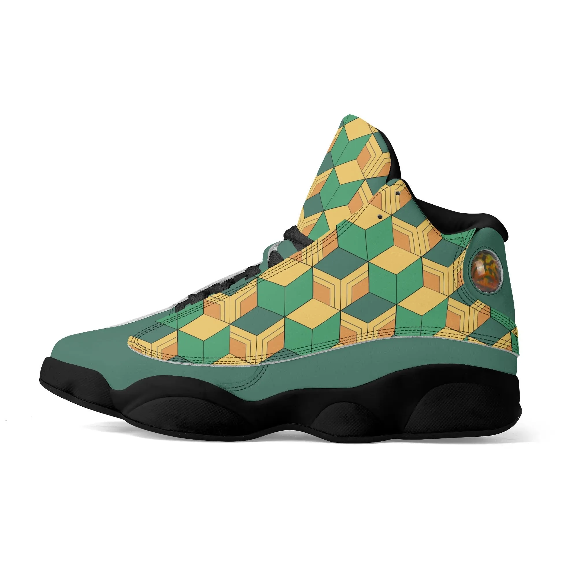 Skate shoe | High Top Sneakers | PU Vegan Leather Basketball shoes | Anime Slayer of Demon | Green Yellow Pattern