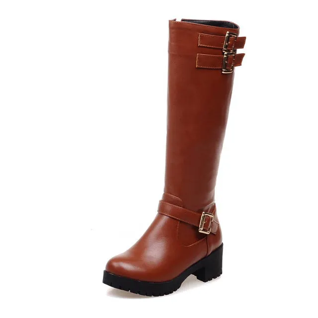 square heels buckle riding  knee-high Boots