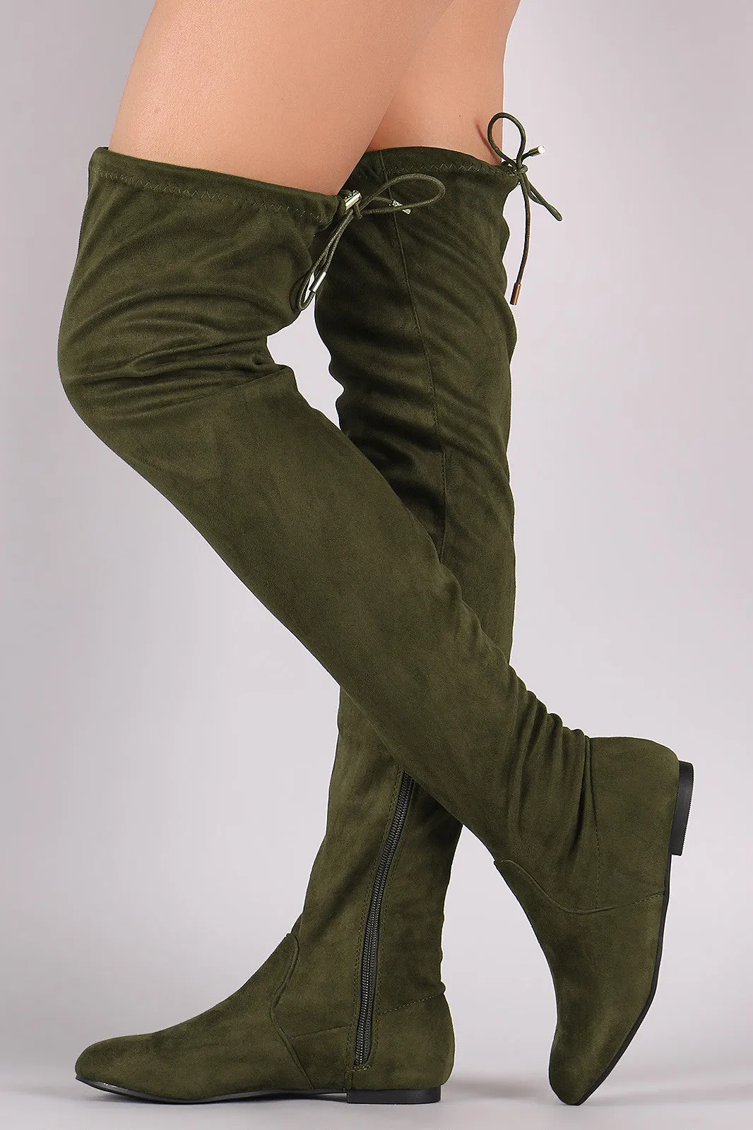 Suede Drawstring Tie Over-The-Knee Flat Boots